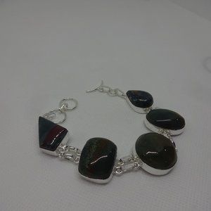 Natural "BLOOD STONE AGATE" Handmade Sterling Bracelet 7"  #556